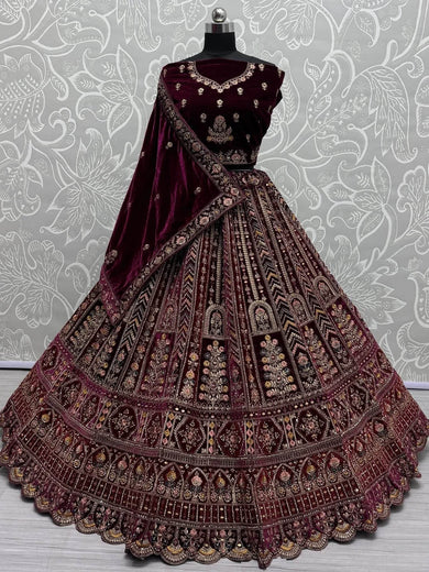 Lovely Maroon Velvet Bridal Lehenga Choli With Double Dupatta - Ethnic Plus In